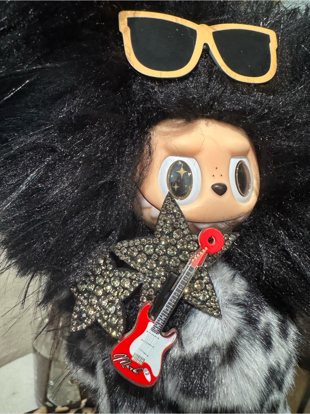 Black Fuzzy Rocker Plush Custom Labubu with Accessories - Picture 3 of 9